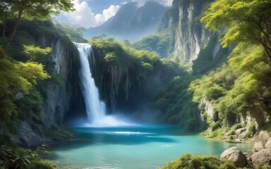 Serene Waterfall Landscape in Mountainous Area with Lush Greener