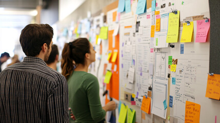 A collaborative design session in progress, with a wall full of colorful website wireframes pinned up for review. The team is deep in discussion, analyzing different design options and adding notes.