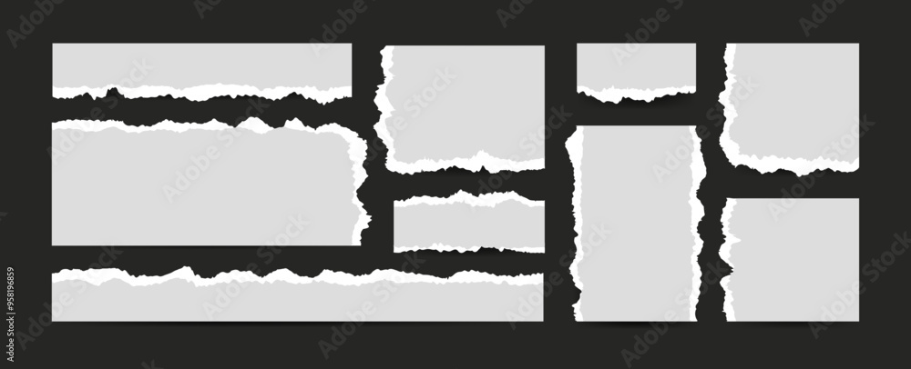 Poster gray sheets of torn paper. empty textbox and frames of notebook page for scrapbook or collage. piece