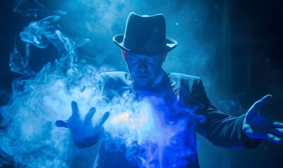 Naklejka premium Magician or illusionist is showing magic trick. Blue stage light in background. 