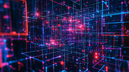 An intricate 3D wireframe structure of a website layout, depicted in a futuristic digital environment. The abstract design features a network of glowing lines and grids, forming the skeletal framework