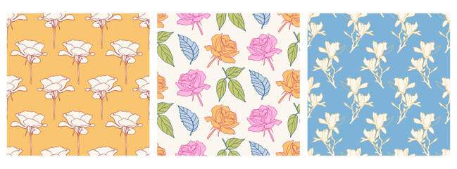 Floral Hand Drawn Flowers Seamless Patterns Set