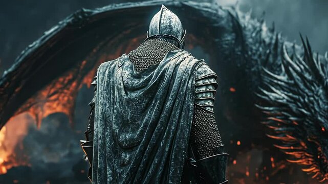 A heroic knight stands before a massive dragon in a fiery battle at dusk, showcasing epic fantasy elements and intense atmosphere
