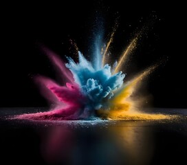 Colorful explosion of powdered pigment creating a vibrant burst against a black backdrop