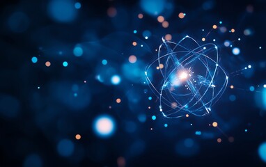 Obraz premium Abstract depiction of an atom with glowing particles in a blue cosmic background, symbolizing science and innovation.