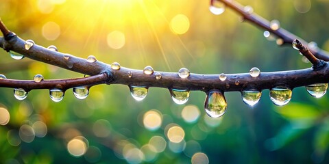 Close-up of a tree branch with water droplets, against a blurry, radiant background