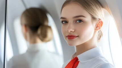 Fototapeta premium Air stewardess adjusting her uniform in front of a mirror before the flight, ensuring everything is perfectly in place