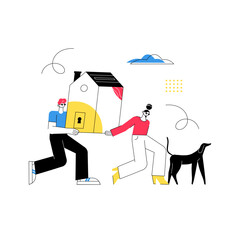 A happy couple carrying a house with a dog walking beside them in minimalist illustration style