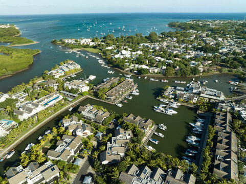 Aerial view: luxury yachts and apartments in
La Balise Marina, Mauritius island 