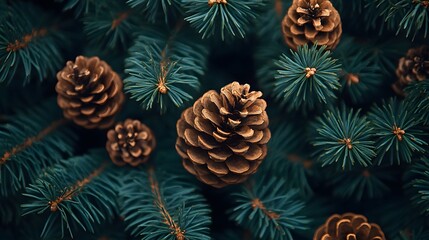Fototapeta premium Natural Pine Branches with Pinecones: A natural, rustic background featuring Christmas tree branches with pinecones, evoking a traditional holiday vibe.