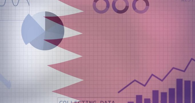 Collecting data text animation over graphs and pie charts on Qatar flag background