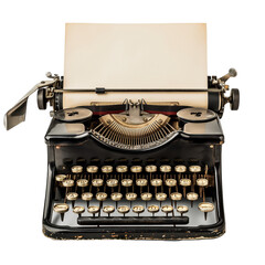 Vintage Typewriter on Transparent Background: A timeless black typewriter with a crisp white sheet of paper, showcasing elegant retro design against a clear backdrop.