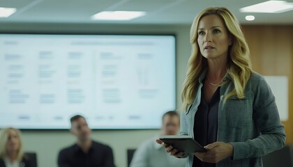 Obraz premium Businesswoman Giving Presentation with Tablet in Office Meeting