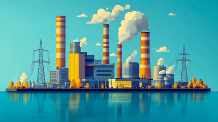 Obraz premium Industrial power plant smokestacks emitting pollution, raising environmental worries