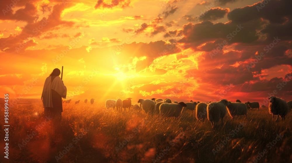 Poster a man is leading a flock of sheep in a field