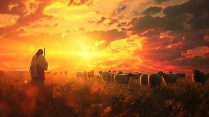 Fototapeta premium A man is leading a flock of sheep in a field