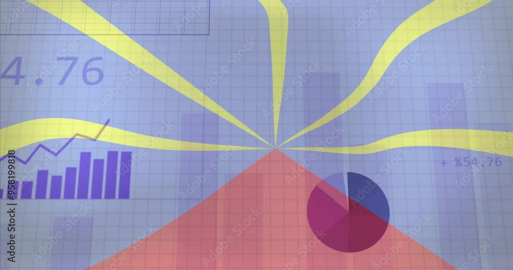 Poster collecting data text animation over graphs and charts on reunion radiant volcano flag
