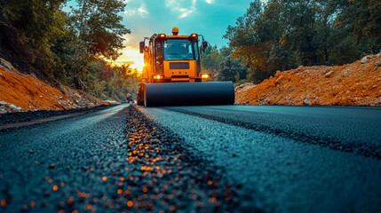 Road roller is flattening fresh asphalt on a new road construction site at sunset
