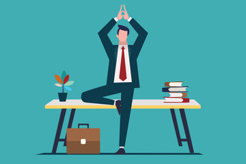 anger - angry management. mental health healing concept. business man with yoga in office. flat cartoon vector illustration 