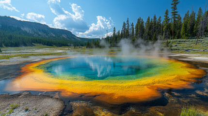 Steam rising from the colorful morning glory pool in yellowstone national park on a sunny day