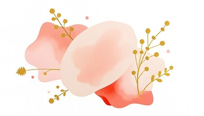 A soft watercolor abstract background with pastel pink and white blotches, accented by gold and black splatters and dots