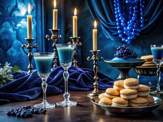 Midnight blue velvet cookies with rich velvet-draped backdrops and champagne-infused cocktails alongside dripping candelabras and luxurious gemstones