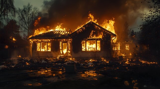 A burning family home under the night sky, flames consuming the structure, scattered possessions on the lawn, a scene of destruction for insurance purposes