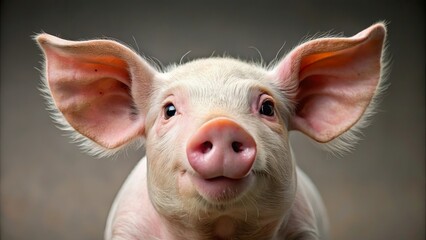 Close-up of a pig's face with playful expression staring at the camera