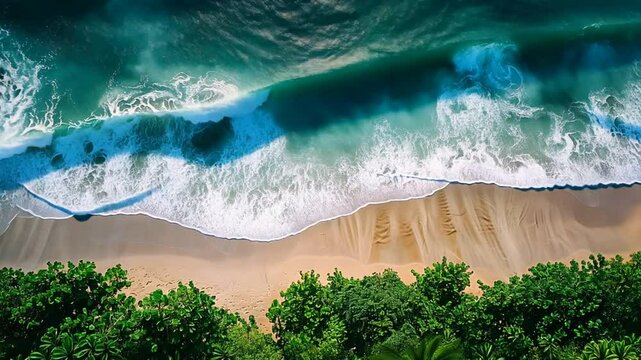 Aerial View of Tropical Beach:  A stunning bird's eye view of a pristine beach in a tropical paradise, showcasing the turquoise ocean waves crashing onto the golden sand. The lush green palm trees lin