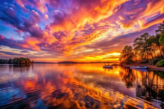 stunning sunset lake norman nc vibrant oranges pinks purples dramatic clouds peaceful calm serene nature landscape photography warm golden light