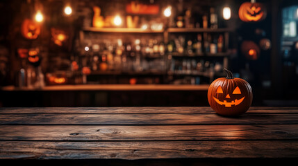 Empty wooden table in front blured halloween decor bar background, product display montage