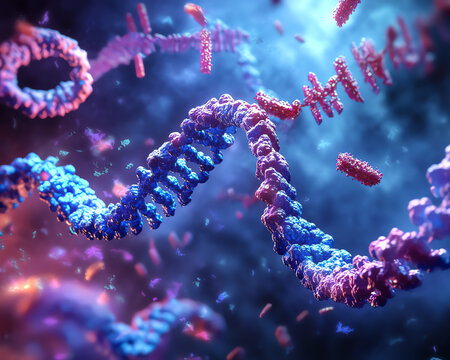 Abstract 3D rendering of a DNA double helix with molecules.