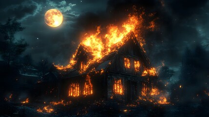 Obraz premium A burning wooden house under a moonlit night, fierce inferno tearing through the structure, glowing embers floating in the air, high contrast between fire and darkness