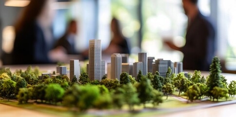 A close-up of an urban model with skyscrapers, greenery, and people interacting in the city center on the table in focus