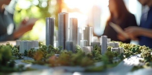 A close-up of an urban model with skyscrapers, greenery, and people interacting in the city center on the table in focus