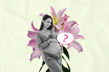 Trend artwork sketch image collage of young age lady hand hold pregnant stomach tummy smile love motherhood parent spring flower guess who