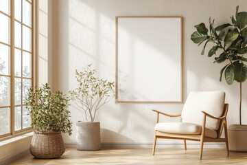 Poster Frame in Beige minimalist living room interior created with generative AI