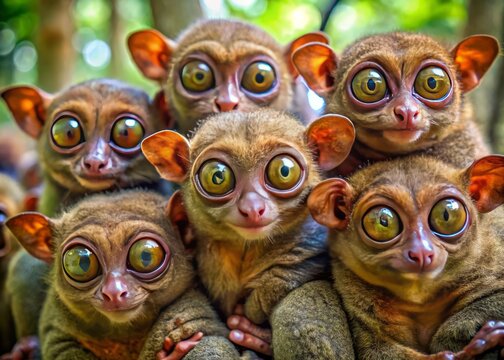 A group of tarsiers pose for a camera, their large, round eyes gleaming with awareness and alertness, their long, thin noses twitching with curiosity.