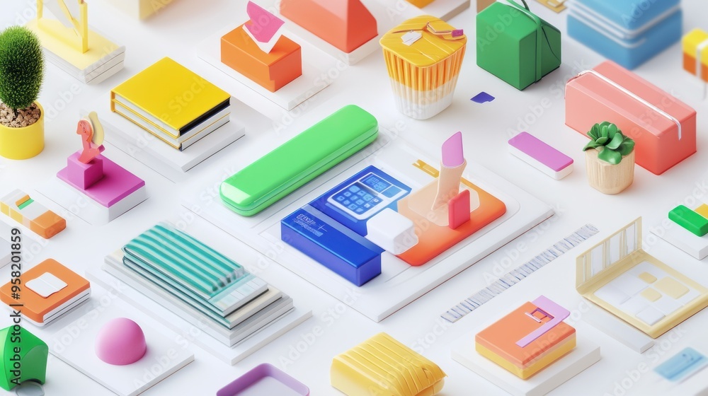 Poster Abstract 3D Composition with Colorful Geometric Shapes and Objects