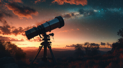 A giant telescope stands under a fading evening sky, ready to explore the stars.