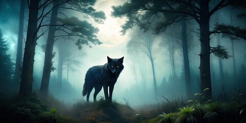 Feral twilight silhouette stalks misty forest darkness with piercing eyes aglow, eerie ambient light, moody atmosphere, cool desaturated tones, and ominous composition.