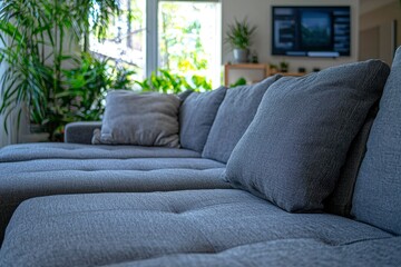 Fototapeta premium Close-up of a Gray Sectional Sofa with Pillows in a Living Room