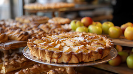 Apple pies on a bakery display shelf in a cafe. Background for of the Thanksgiving seasonal or bakery and pastry business.