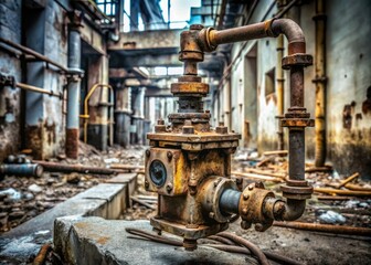 rusted natural gas meter amidst abandoned industrial site, crumbling concrete, and twisted metal, stark desaturated colors, haunting atmosphere