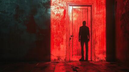 A mysterious silhouette stands against a vibrant red door, creating an eerie atmosphere full of intrigue and suspense.