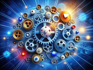 Obraz premium Innovative conceptual illustration featuring gears, cogs, and social media icons, showcasing the company's ability to drive digital momentum.