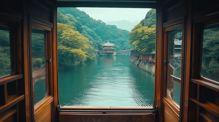 View of tranquil rivers and ancient temples from a Japanese train window with lush greenery and historical architecture emphasizing cultural heritage