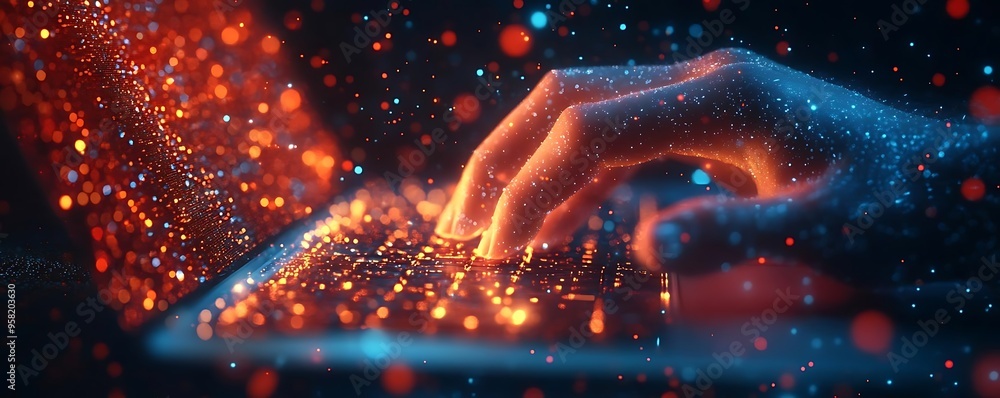 Poster abstract 3d render of a hand typing on a laptop keyboard with glowing particles