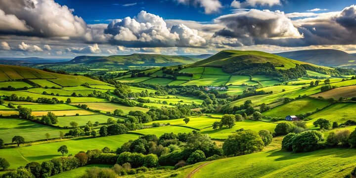 The image captures the serenity of County Tyrone, Ireland, showcasing vast lush green hills and valleys that stretch as far as the eye can see.