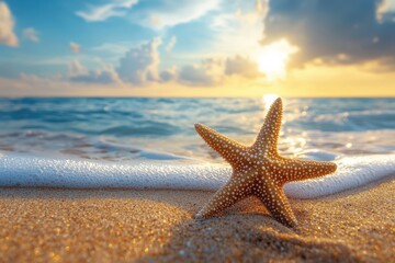 Fototapeta na wymiar Starfish on golden sand at sunset with blurred sea background